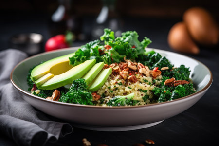Healthy salad with kale, quinoa, nuts and avocado in a white bowl. Healthy vegan food concept.の素材