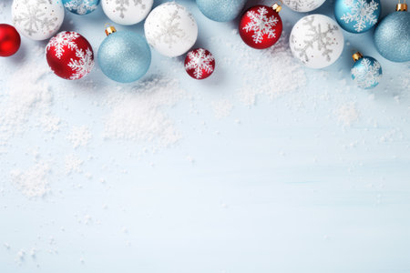 Merry Christmas and Happy Holidays greeting card, frame, banner. New Year. Noel. White Christmas white and red ornaments on blue background top view. Winter holiday xmas theme. Flat lay.の素材