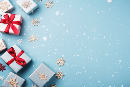 Merry Christmas and Happy Holidays greeting card, frame, banner. New Year. Noel. White Christmas gifts red ribbons, ornaments on blue background top view. Winter holiday xmas theme. Flat lay.の素材