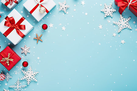 Merry Christmas and Happy Holidays greeting card, frame, banner. New Year. Noel. White Christmas gifts red ribbons, ornaments on blue background top view. Winter holiday xmas theme. Flat lay.の素材