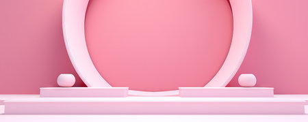 Minimal background, mock up with podium for product display,Abstract white geometry shape background minimalist Valentine's day pink background,Abstract mock up backgroundup 3D rendering.の素材