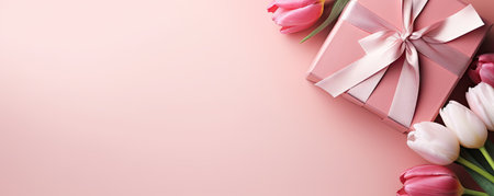 Mother's Day concept. Top view photo of stylish pink giftbox with ribbon bow and bouquet of tulips on isolated pastel pink background with copyspaceの素材