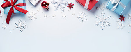 Merry Christmas and Happy Holidays greeting card, frame, banner. New Year. Noel. White Christmas gifts red ribbons, ornaments on blue background top view. Winter holiday xmas theme. Flat lay.の素材