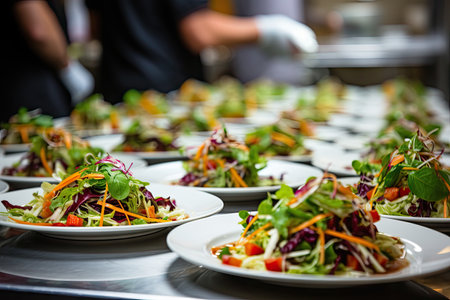 Many plates of vegetable salad in commercial kitchenの素材