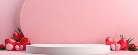 Minimal background, mock up with podium for product display,Abstract white geometry shape background minimalist Valentine's day pink background,Abstract mock up backgroundup 3D rendering.の素材