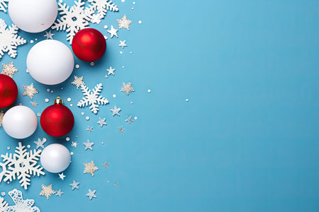 Merry Christmas and Happy Holidays greeting card, frame, banner. New Year. Noel. White Christmas white and red ornaments on blue background top view. Winter holiday xmas theme. Flat lay.の素材