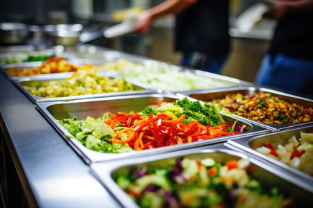 Many plates of vegetable salad in commercial kitchenの素材