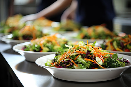 Many plates of vegetable salad in commercial kitchenの素材