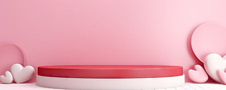 Minimal background, mock up with podium for product display,Abstract white geometry shape background minimalist Valentine's day pink background,Abstract mock up backgroundup 3D rendering.の素材