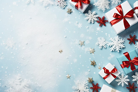 Merry Christmas and Happy Holidays greeting card, frame, banner. New Year. Noel. White Christmas gifts red ribbons, ornaments on blue background top view. Winter holiday xmas theme. Flat lay.の素材