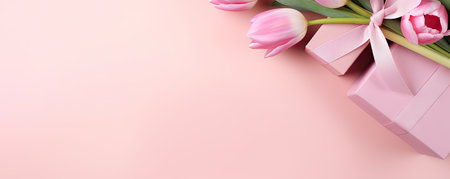 Mother's Day concept. Top view photo of stylish pink giftbox with ribbon bow and bouquet of tulips on isolated pastel pink background with copyspaceの素材