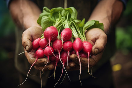 Organic fresh harvested vegetables. Farmer's hands holding fresh radish, closeup.の素材