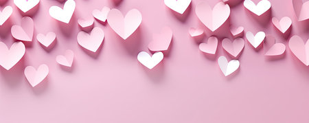 Paper hearts over the pink pastel background. Abstract background with paper cut shapes. Sainte Valentine, mother's day, birthday greeting cards, invitation, celebration conceptの素材