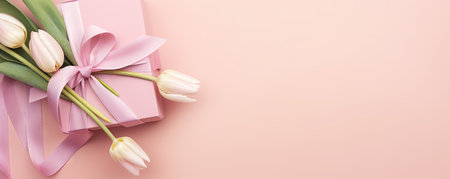 Mothers Day concept. Top view photo of stylish pink giftbox with ribbon bow and bouquet of tulips on isolated pastel pink background with copyspaceの素材