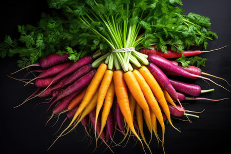 Top view of bunch of fresh organic rainbow carrots on black background representing concept of healthy foodの素材