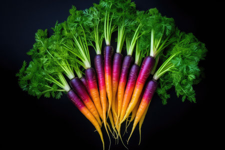 Top view of bunch of fresh organic rainbow carrots on black background representing concept of healthy foodの素材