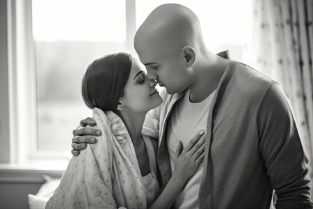 Supportive husband kissing his wife, cancer patient, after treatment in hospital. Cancer and family support concept.の素材