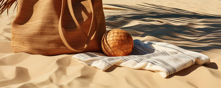 Striped linen beach towel, woven bag and two coconuts on sandy beach with shadows from palm tree. Relaxation and tropical summer holidays conceptの素材