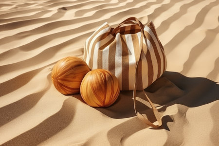Striped linen beach towel, woven bag and two coconuts on sandy beach with shadows from palm tree. Relaxation and tropical summer holidays conceptの素材