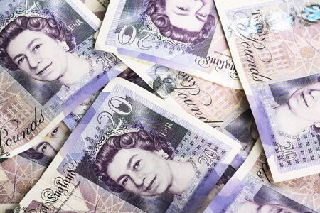 Bracknell,England - January 10, 2014  Several used British Twenty Pound notes photographed on a flat surface with the Queen s face visibleのeditorial素材