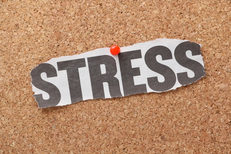 The word Stress torn out of a newspaper and pinned to a cork notice board  It is reported that stress is on the increase due to longer working hours and lack of job security の写真素材