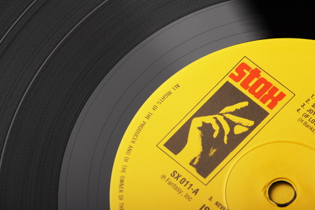 Bracknell, England, UK - April 19, 2014  Close up of a vinyl record and the Stax label on April 19th, 2014  Stax promoted work by legendary music artists including Otis Redding and Isaac Hayes のeditorial素材