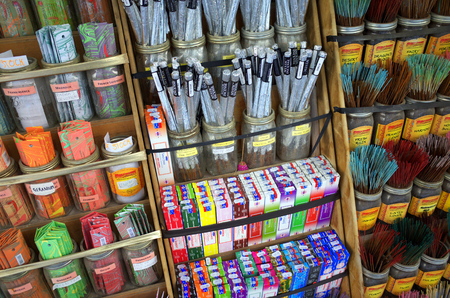 London, England - April 30, 2015: Display of incense sticks and joss sticks outside a store in London, England.のeditorial素材