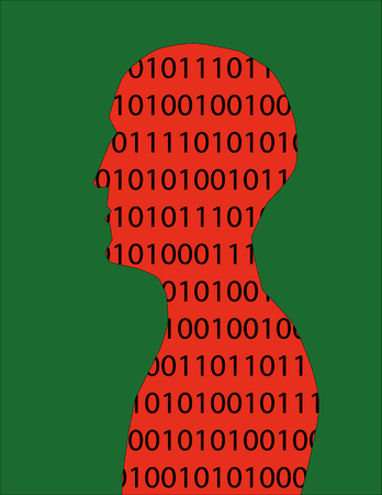 Human head and shoulders in profile filled with binary numbers in red and black on a green backgroundのイラスト素材