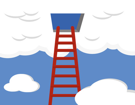 A cloud computing concept with a red ladder climbing up into a blue sky and leading to an open door in a large cloudのイラスト素材