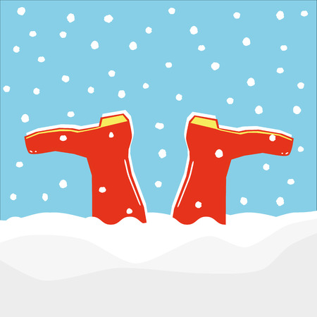 A pair of red wellington boots or galoshes stuck upside down in a drift made by falling snowのイラスト素材