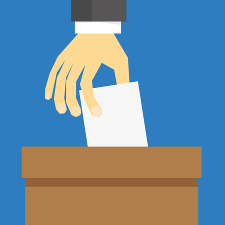 Hand in suit sleeves placing a white card or ballot paper into a brown box to cast their voteのイラスト素材
