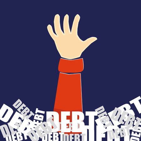 Hand reaching up for help whilst being buried in a mountain of the word debt in white and grey text on a blue backgroundのイラスト素材