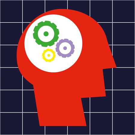 Stylized human head in profile and a set of gears or cogs in the brain areaのイラスト素材