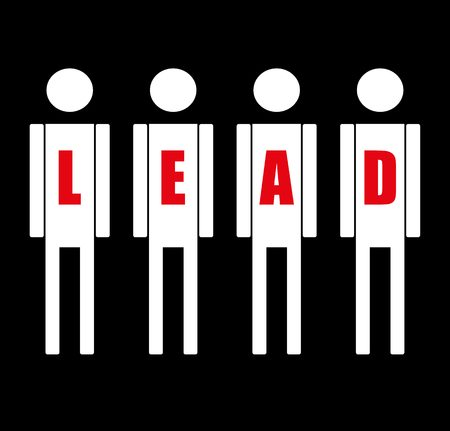 Four stick figures in standing a row with the word Lead added in red text as a concept for Leadership in Businessのイラスト素材