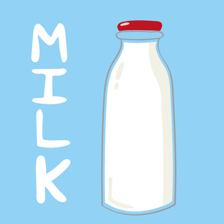 A bottle of dairy milk with a red cap standing next to the word MILK in white textのイラスト素材