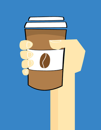Stylized hand and arm holding up a take away cup of coffee in front of a blue backgroundのイラスト素材