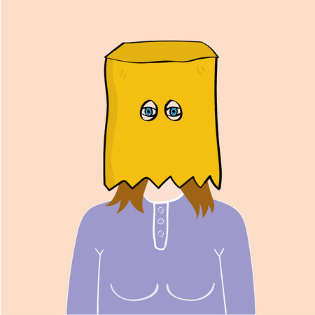 Head and shoulders of a young girl or woman with a brown paper bag over head and holes cut out for her eyesのイラスト素材