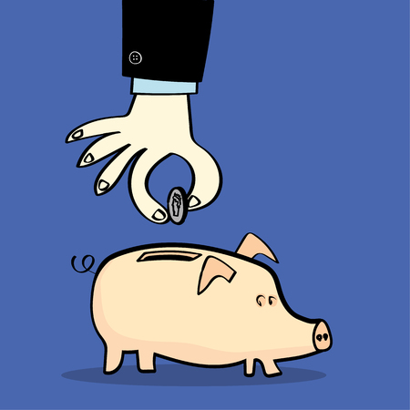 Hand and arm in a business suit dropping a silver coin into a pink piggy bank on a blue background with copy spaceのイラスト素材