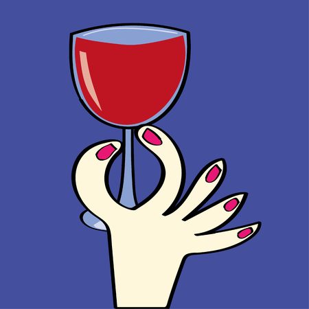Stylized hand of a woman with pink nail varnish holding a glass full of red wineのイラスト素材