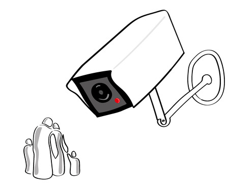A giant CCTV or surveillance camera looks down on a stylized group of people representing a typical familyのイラスト素材