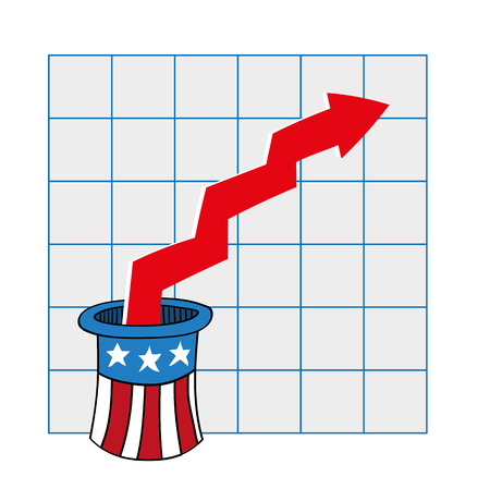 USA economy concept with an Uncle Sam top hat from which an arrow is rising upwards to show growth on a chart background, with copy spaceのイラスト素材