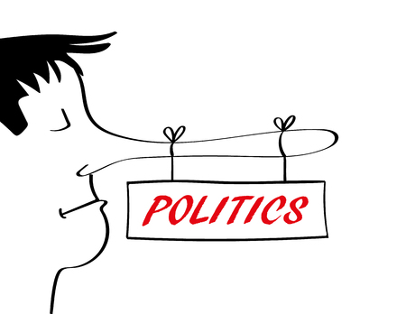 Man with a very long nose associated with telling lies from which there is a sign hanging with the word politics added in red textのイラスト素材