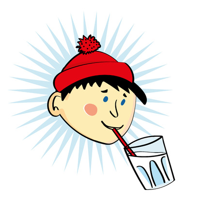 Head of a boy or young man in a red wool cap drinking from a glass of milk with a strawのイラスト素材