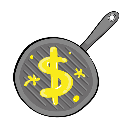 Dollar sign made of butter melting in a griddle saucepan as a metaphor for the USA economy experiencing problemsのイラスト素材