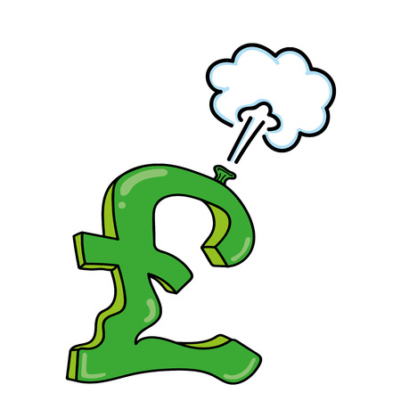 Balloon in the shape of a British Pound sign which is leaking air and deflating as a metaphor for the United Kingdom economy and value of the currencyのイラスト素材