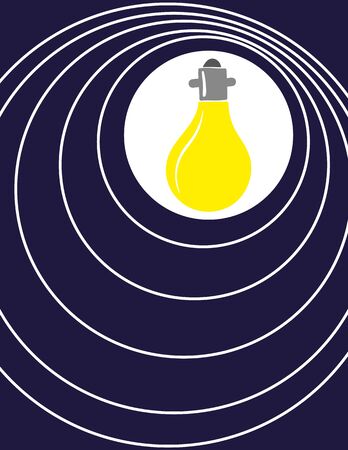 A yellow light bulb illuminates a blue background with concentric circles of white light radiating out as a metaphor for inspiration and ideasのイラスト素材