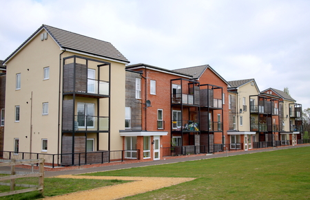 Bracknell, England - April 12, 2017: Exterior view of a modern apartment block with balconies in Bracknell, Englandのeditorial素材