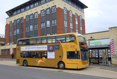 Bracknell, England - Nov 22, 2017: A Reading Double Decker Bus stops to pick up passengers at a bus stop in Bracknell, Englandのeditorial素材