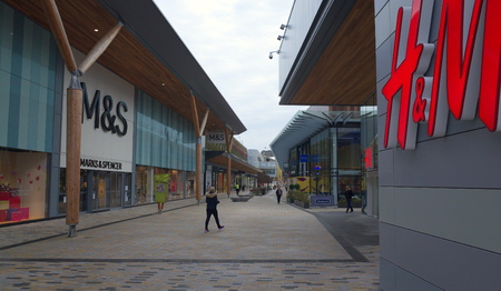 Bracknell, England - January 31, 2018: Wide angle view of pedestrians and retail stores along The Avenue, part of the new Lexicon shopping center in Bracknell, Englandのeditorial素材