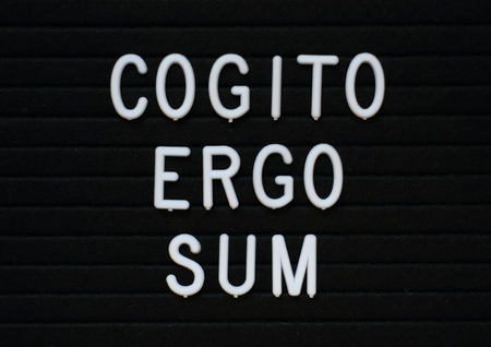 The words Cogito Ergo Sum or I think Therefore I Am in white letters on a notice boardの写真素材